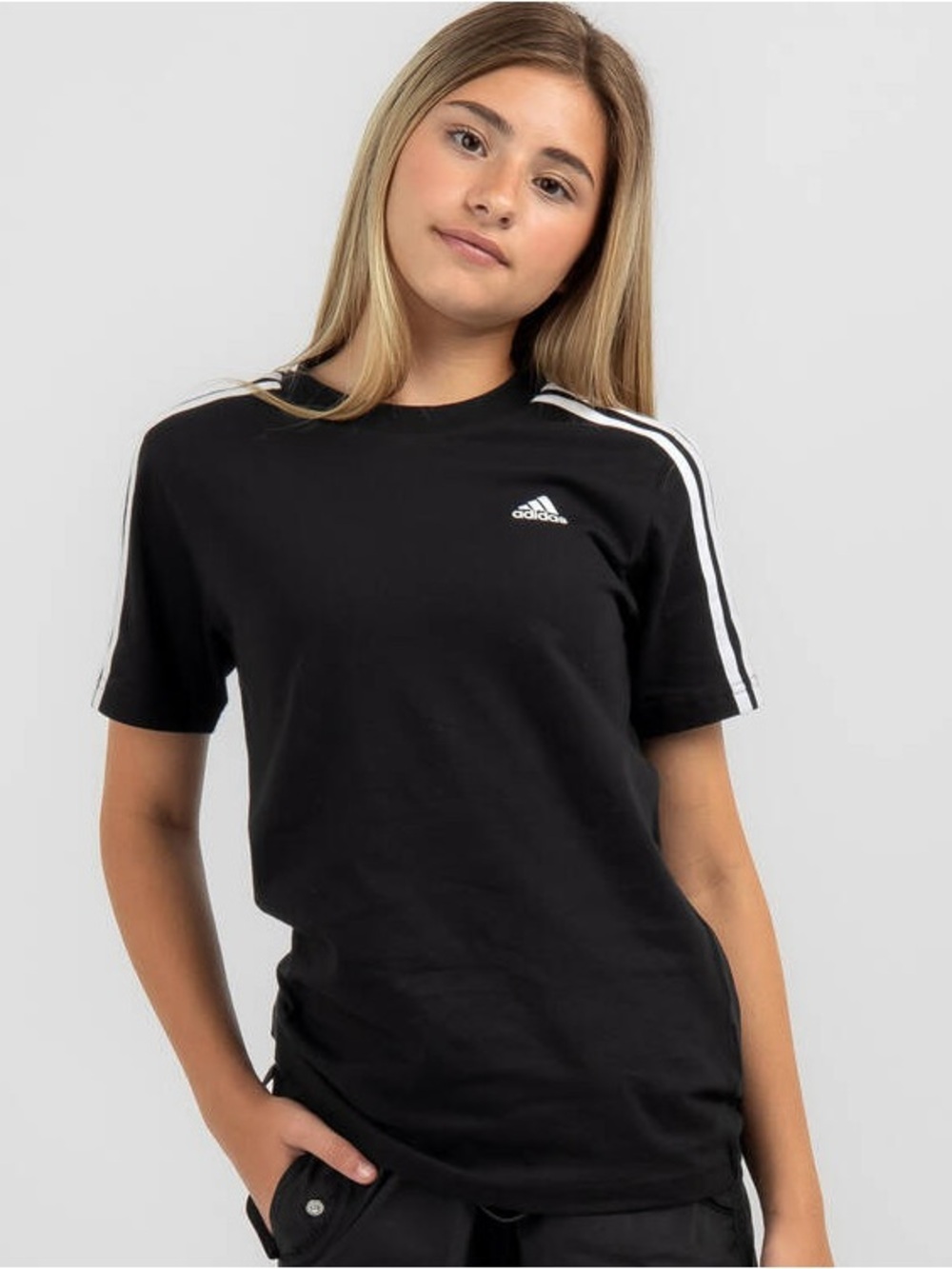adidas Black Short Sleeve Tee with White Shoulder Stripes